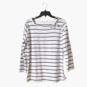 St Johns Bay Slub Tee Womens Size L Tall White Striped Cotton Bow 3/4 Sleeve